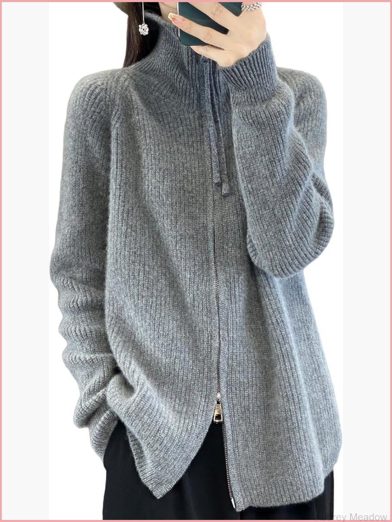 Zip Up Cardigan Turtleneck Long Sleeve Baggy Open Front Sweater